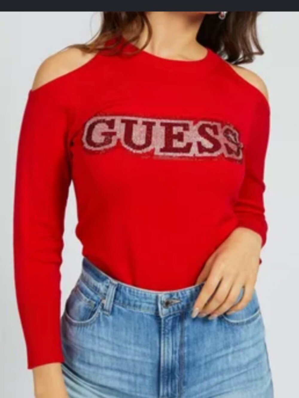 GUESS Red Rhinestone Logo Cold Shoulder Knit Sweater Size Extra Small